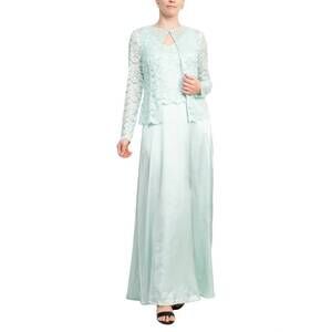 NEW MARINA crew neck embroidered top satin dress with jacket set in mint